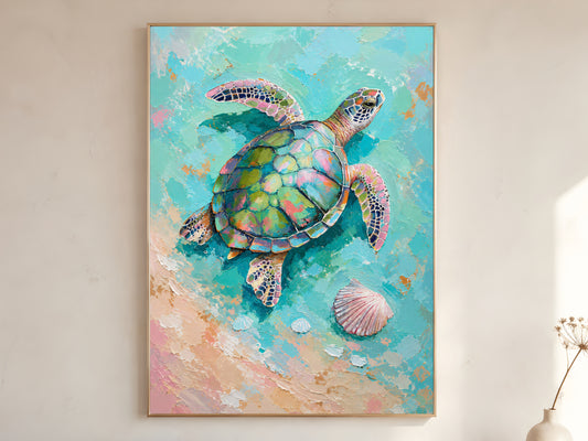 Large framed impasto sea turtle painting in gold frame on warm white wall with dried botanicals in bright minimal room

