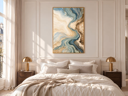 Blue and Beige Abstract Wall Art, Coastal Marble Swirl Print, Dusty Blue and Brown Painting, Printable Neutral Decor, Digital Download