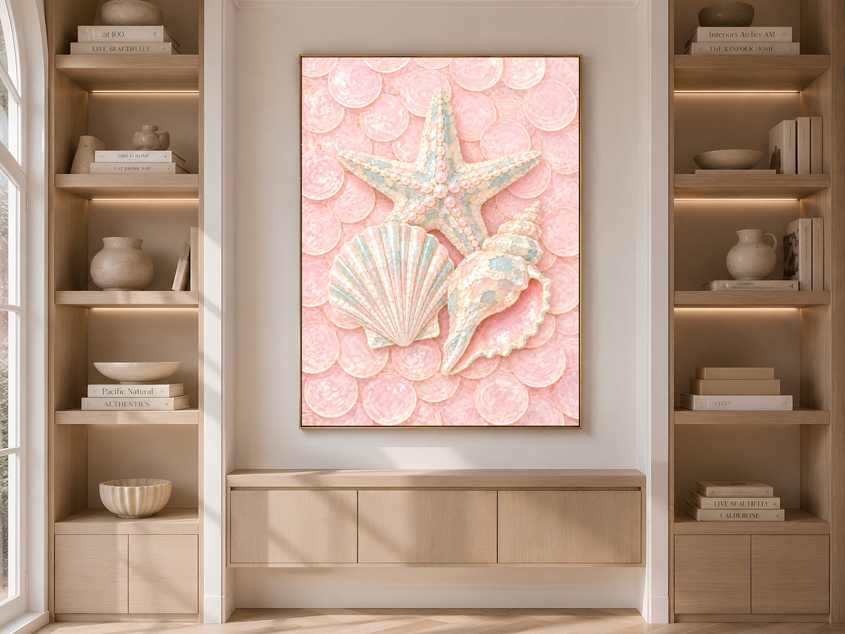 Pink Coastal Seashell Print, Starfish Scallop Conch Wall Art - Digital Download