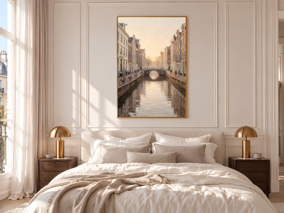 Dutch Canal Painting Print, Soft Golden Hour City Art, Neutral European Canal Wall Art, Printable Digital Download