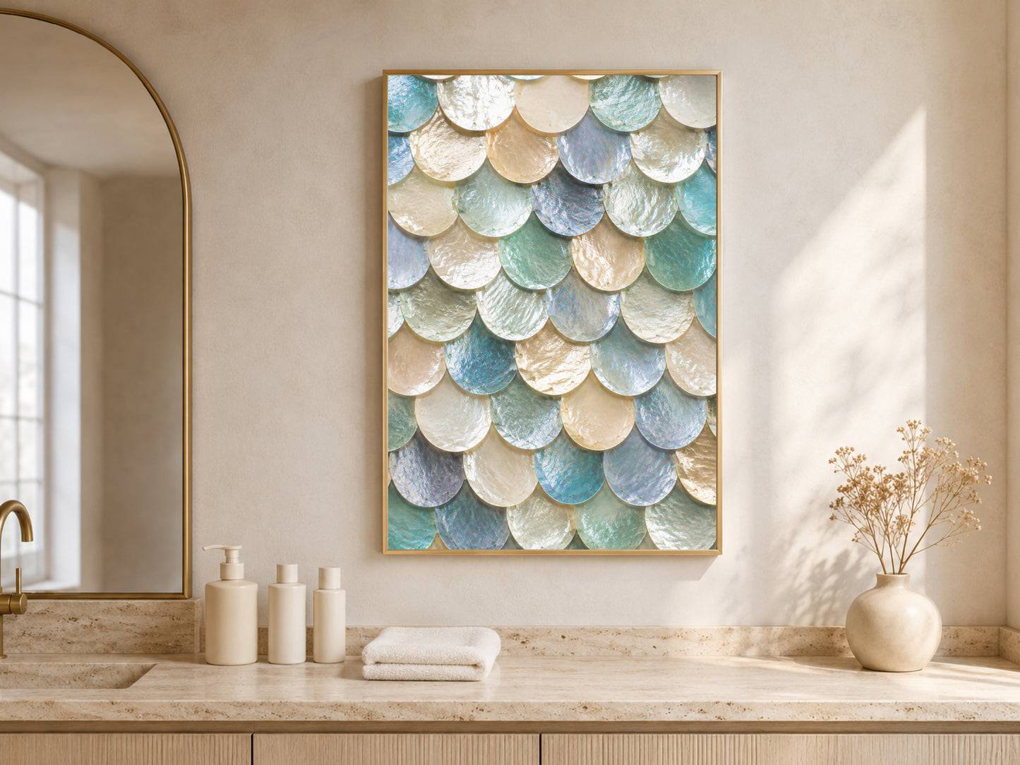 Moonstone mermaid scale wall art framed above a bathroom vanity with arched window
