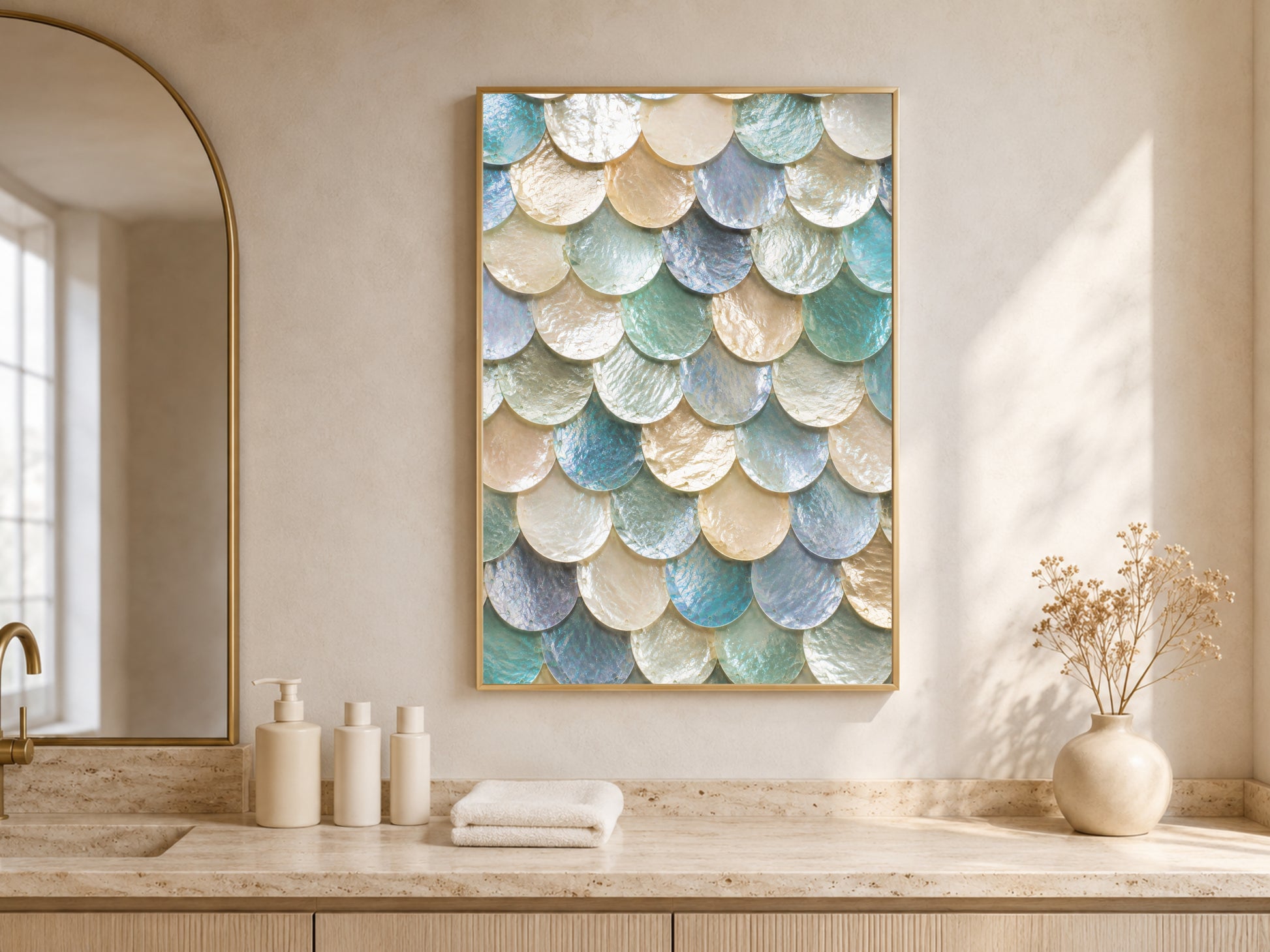 Moonstone mermaid scale wall art framed above a bathroom vanity with arched window