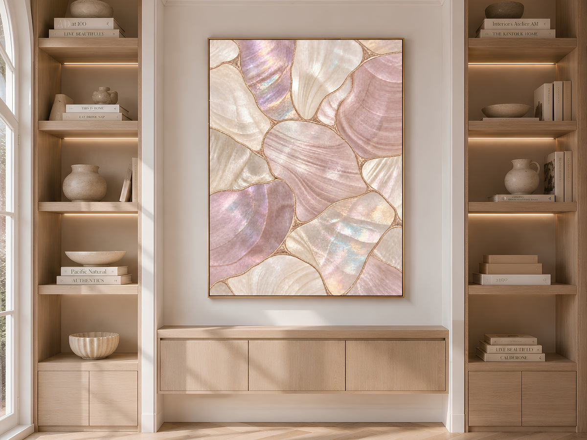 Dusty Rose Mother of Pearl Wall Art, Mauve Shell Mosaic Print, Copper Gold Lines, Romantic Bedroom Decor, Glam Poster, Instant Download