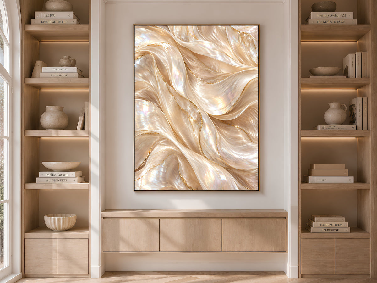Pearl Abstract Wall Art, Champagne Gold Wave Print, Neutral Iridescent Swirl, Cream Living Room Decor, Above Sofa Poster, Instant Download