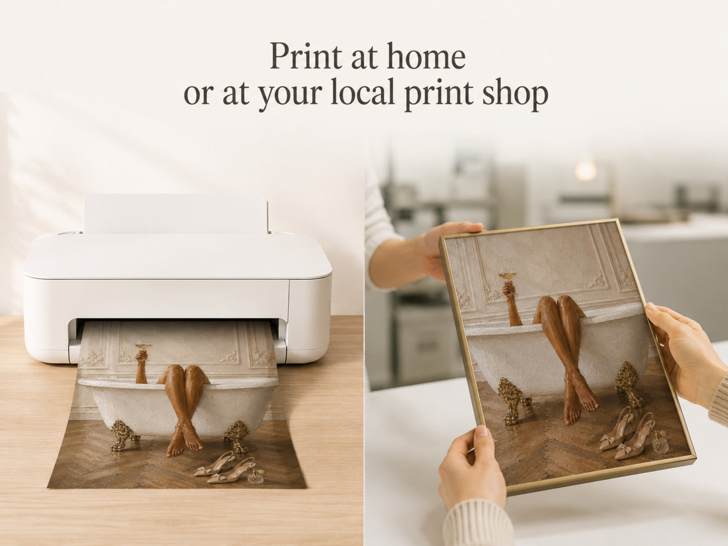 Print at home or at your local print shop lifestyle slide showing hands removing the Parisian bath art print from a white home printer