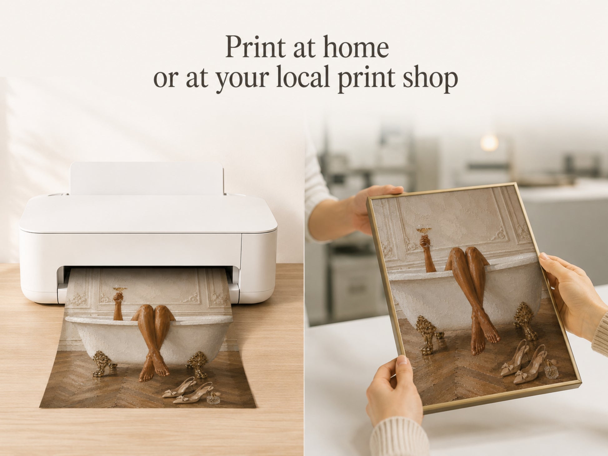 Print at home or at your local print shop lifestyle slide showing hands removing the Parisian bath art print from a white home printer