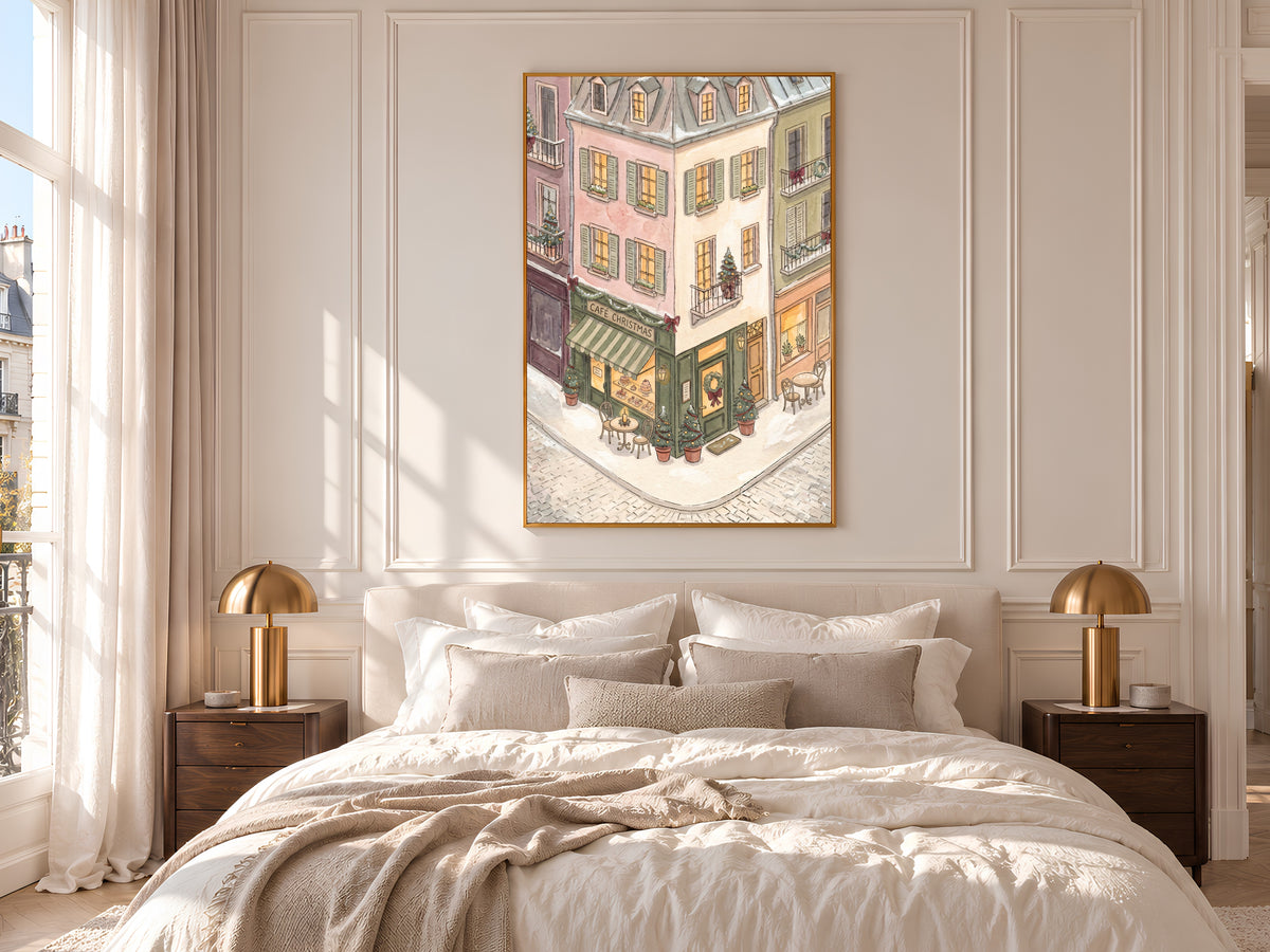 Christmas Cafe Print, Snowy Parisian Street Watercolor, Pastel Holiday Wall Art, Printable Digital Download