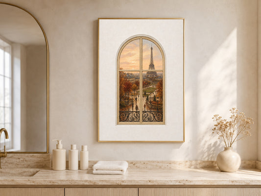 Paris Window Wall Art, Eiffel Tower Autumn Sunset Print - Digital Download