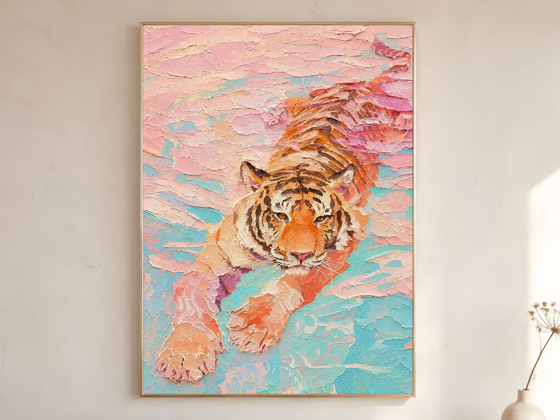 Large framed pastel tiger impasto wall art print hung on a white wall with a dried flower stem in a minimal vase below

