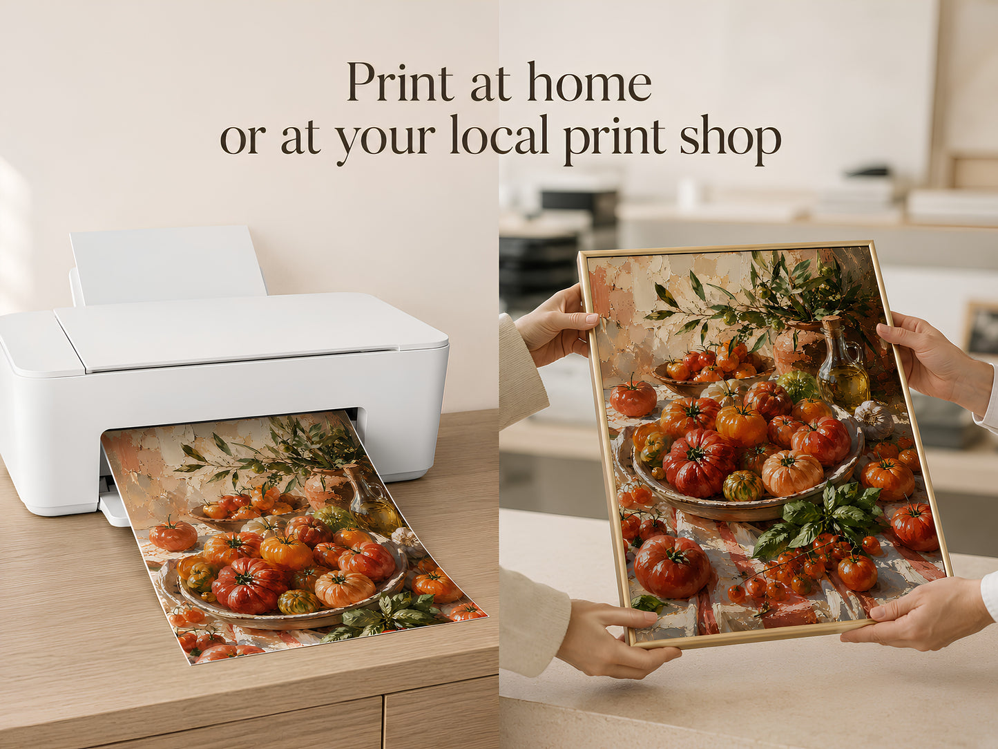 Print at home or at your local print shop lifestyle slide showing hands holding the tomato art print next to a white home printer
