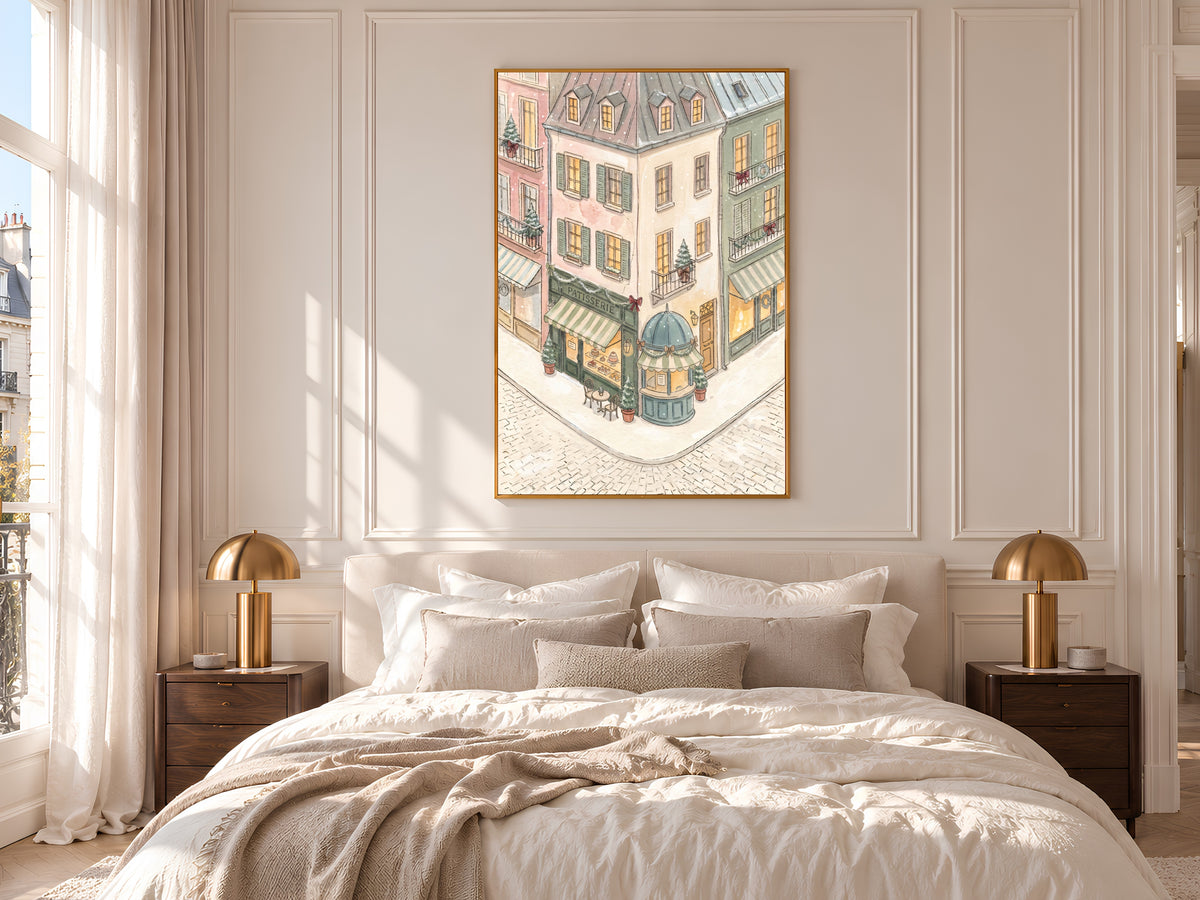 Sage Green Christmas Print, Pastel Patisserie Watercolor, Snowy Parisian Cafe Corner, Holiday Digital Download