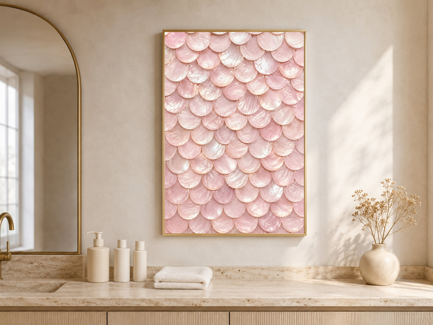Blush pink mermaid scale wall art framed above a bathroom vanity with arched mirror