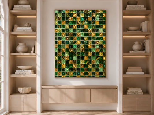 Emerald Mosaic Wall Art, Gold Glass Tile Print - Digital Download
