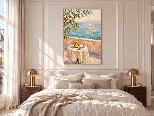 Lemon Tree Sea View Painting Print, Mediterranean Terrace Wall Art, Textured Coastal Art, Printable Digital Download