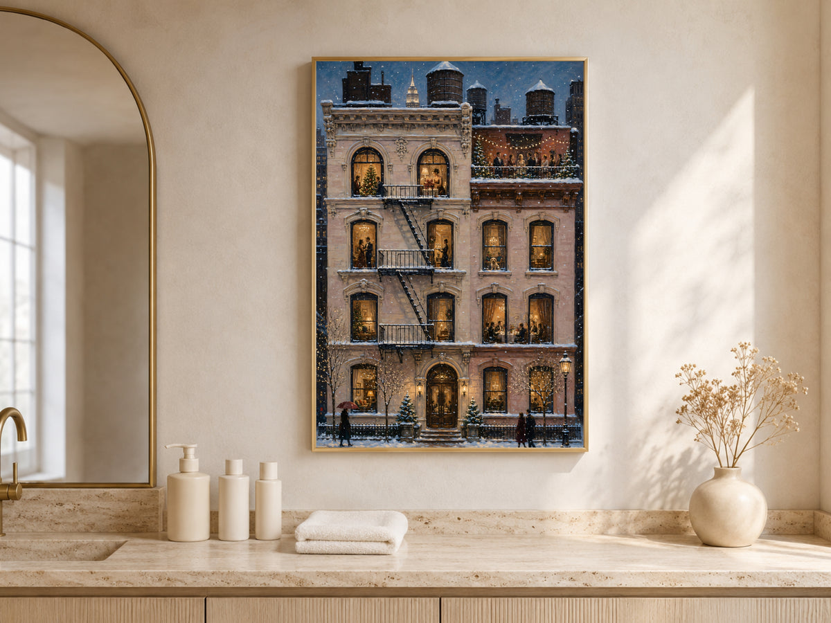 Snowy brownstone wall art framed above entryway console table with vase