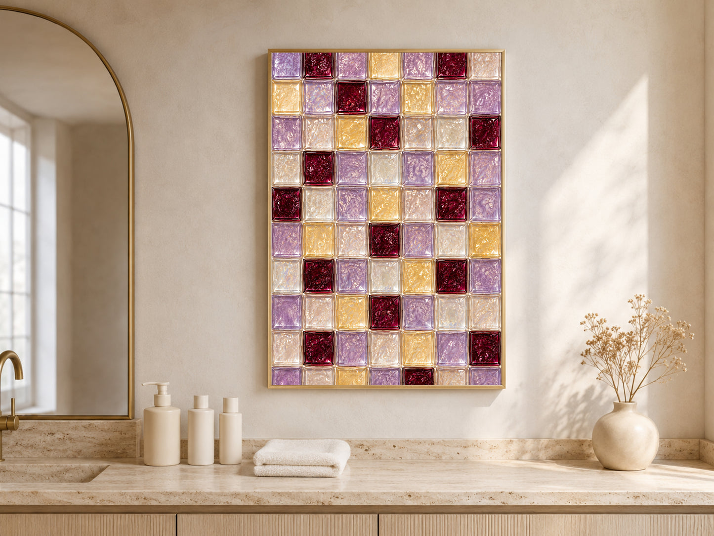 Lilac and gold checkerboard print framed above a bathroom vanity counter with candles