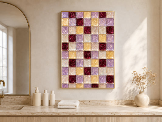 Lilac and gold checkerboard print framed above a bathroom vanity counter with candles
