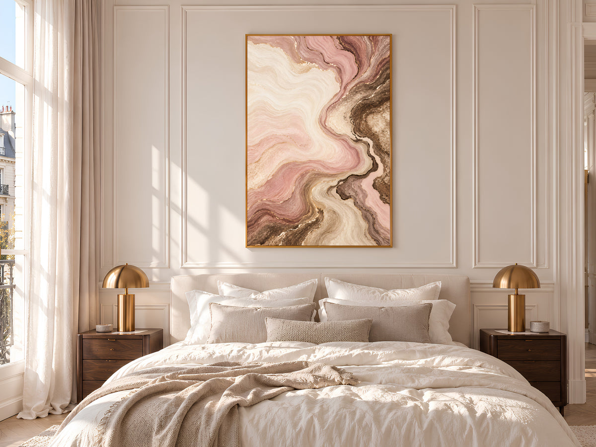 Blush Pink and Brown Abstract Wall Art, Dusty Rose Marble Swirl Print with Gold Veins, Printable Neutral Mocha Decor, Digital Download