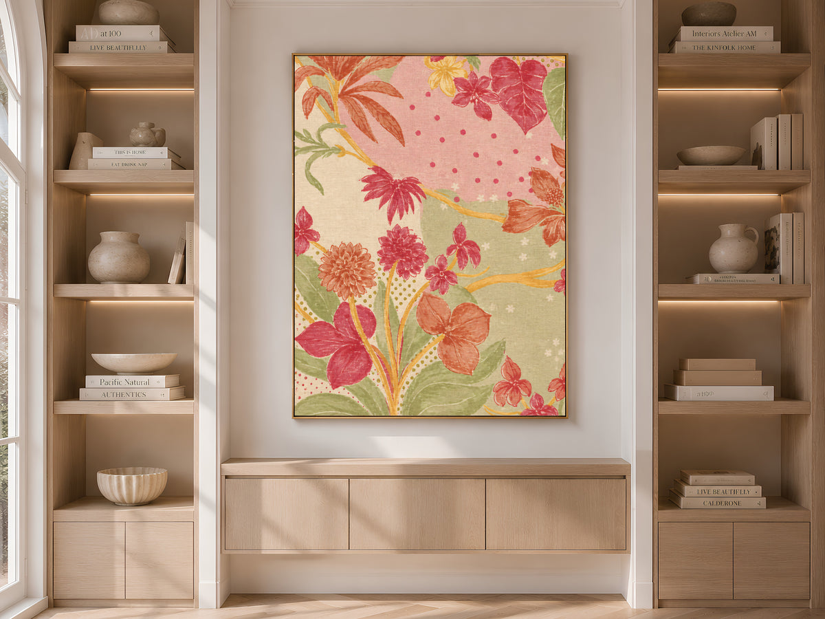 Pink and Green Block Print Style Floral Art, Vintage Linen Textile Flower Print, Grandmillennial Botanical Wall Art, Printable Download