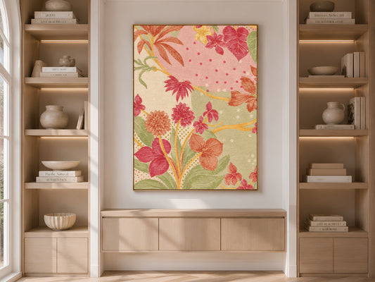 Pink and Green Block Print Style Floral Art, Vintage Linen Textile Flower Print, Grandmillennial Botanical Wall Art, Printable Download