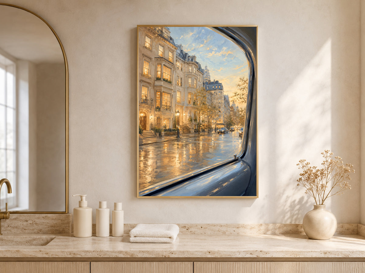NYC Brownstone Street Print, Rainy City Wall Art - Digital Download
