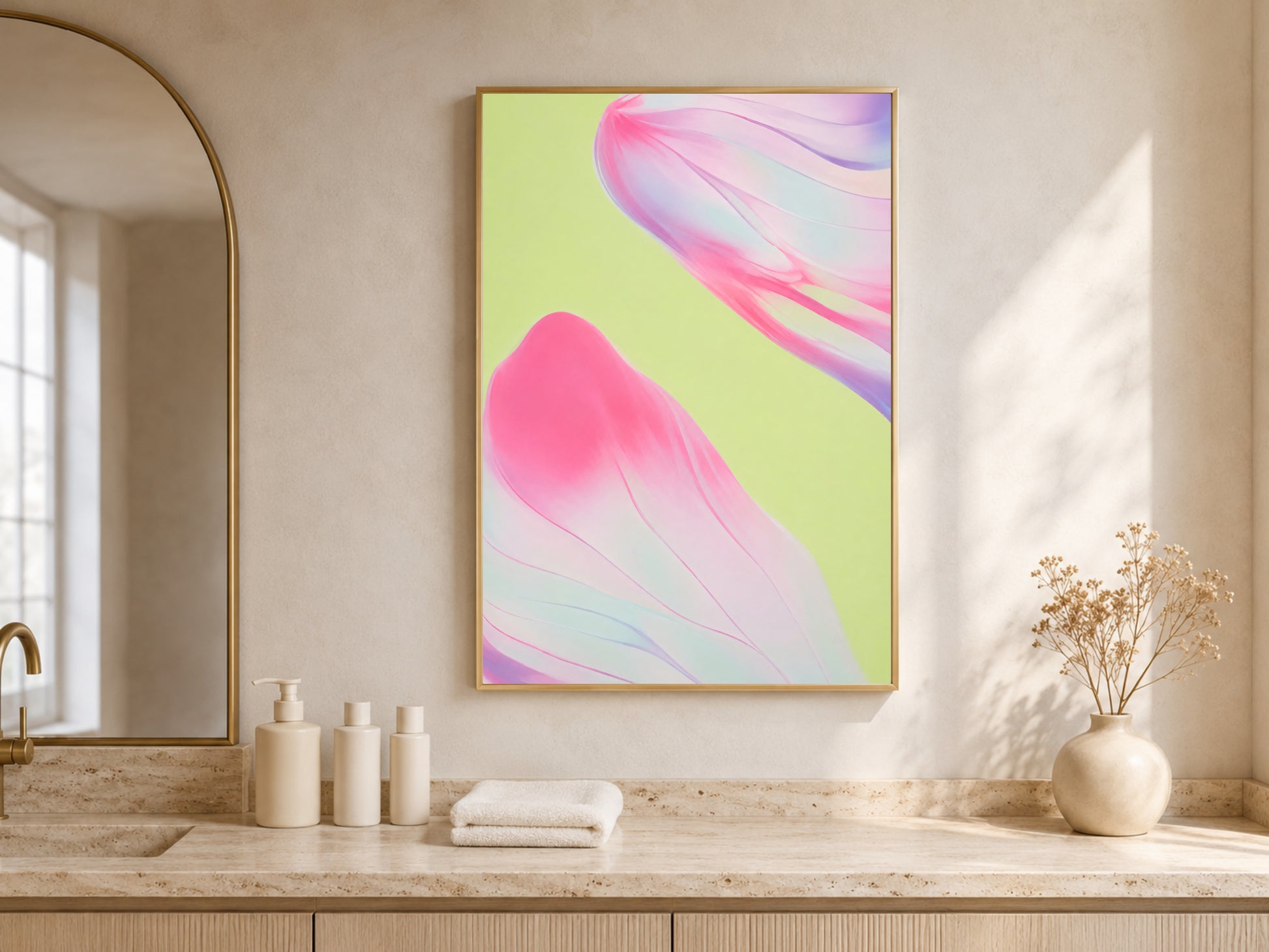 Pink and green abstract art above bathroom vanity, bold maximalist bathroom decor mockup