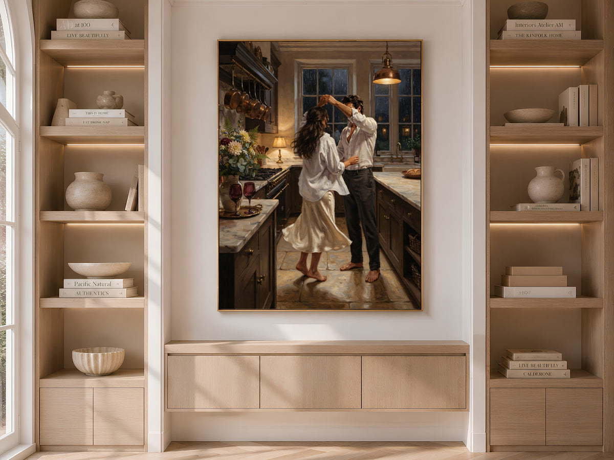 Couple Dancing Kitchen Painting, Romantic Rainy Night Wall Art - Digital Download