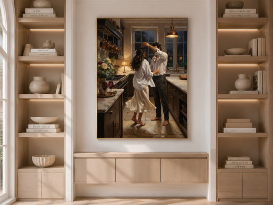 Couple Dancing Kitchen Painting, Romantic Rainy Night Wall Art - Digital Download