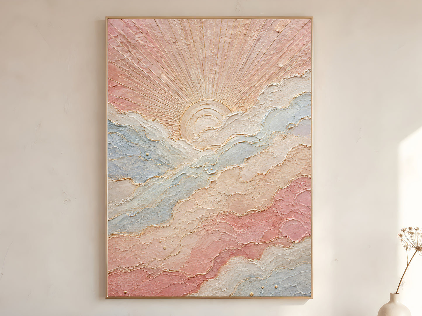 Pastel sun wall art print in thin gold frame, boho impasto sunrise painting digital download
