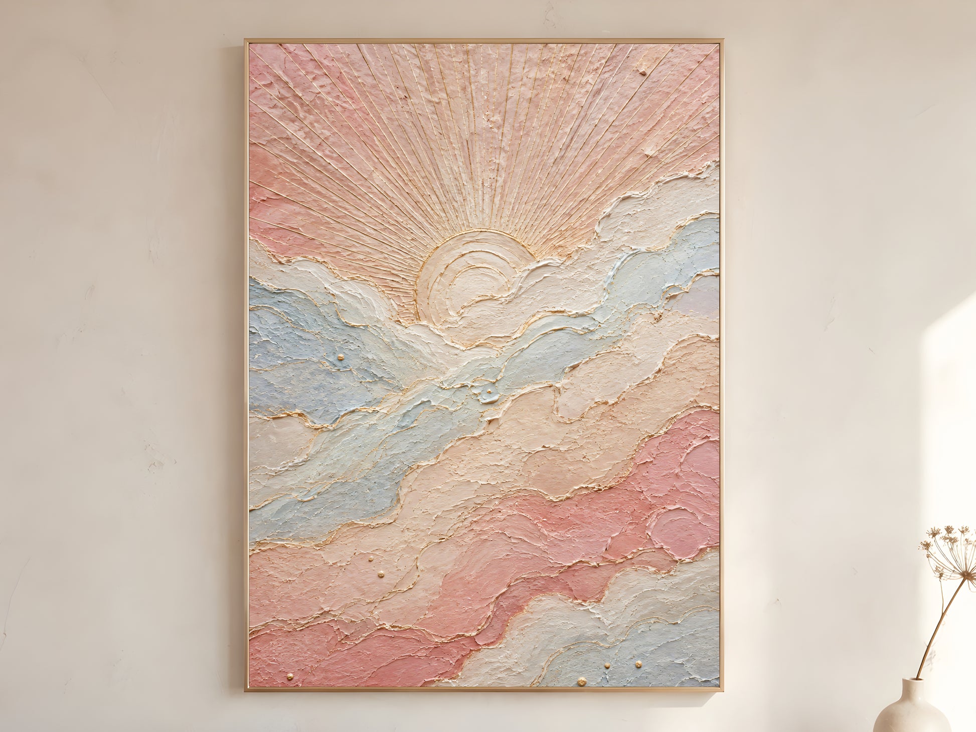 Pastel sun wall art print in thin gold frame, boho impasto sunrise painting digital download

