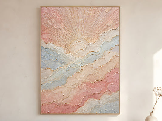 Pastel sun wall art print in thin gold frame, boho impasto sunrise painting digital download
