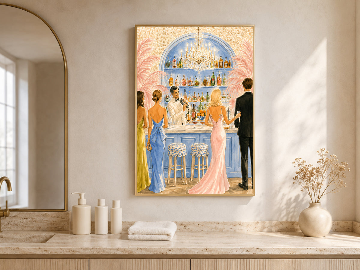 Riviera Cocktail Bar Wall Art, Preppy Pink Watercolor Print - Digital Download
