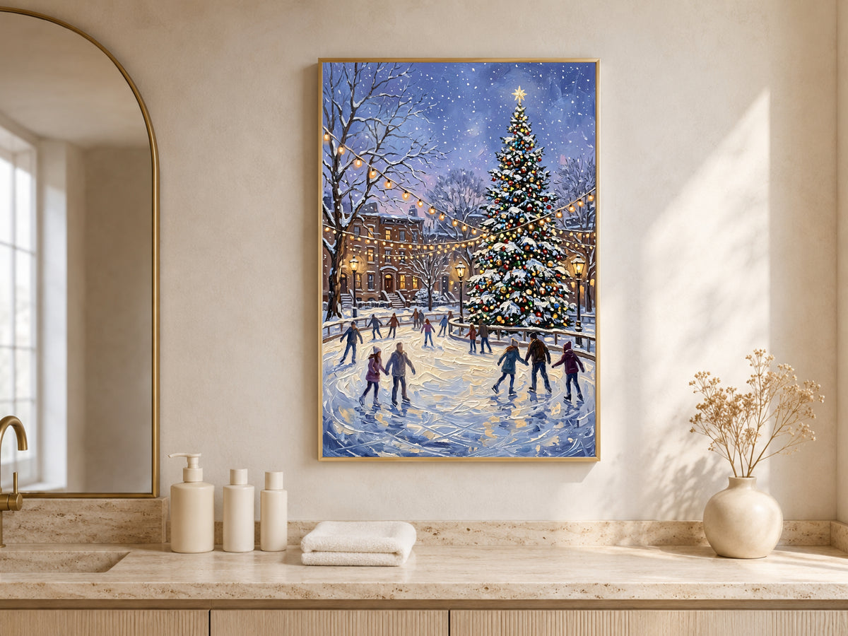 Christmas Ice Skating Print, NYC Christmas Wall Art - Digital Download