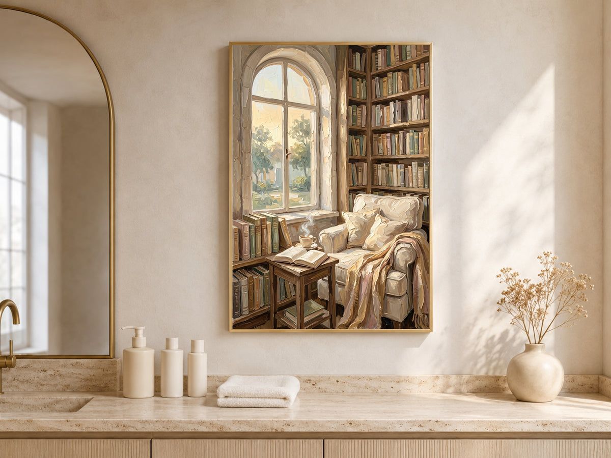 Cozy Library Nook Print, Reading Nook Wall Art - Digital Download