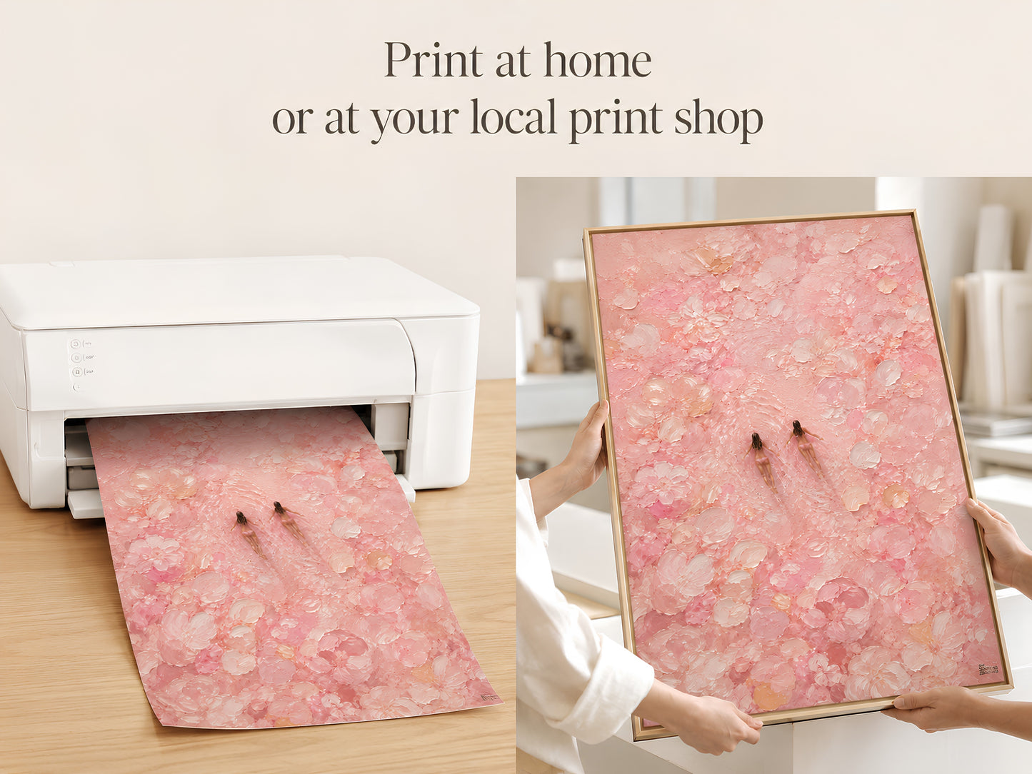 Print at home mockup showing the pink cherry blossom swimmers art printing from a white home printer

