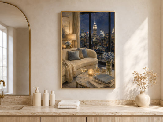 NYC Penthouse View Wall Art, Navy Blue City Skyline Print - Digital Download