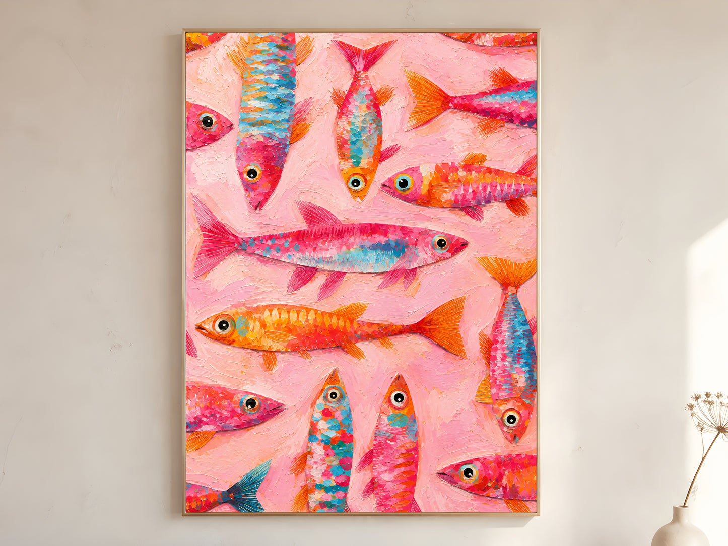 Colorful tropical fish wall art printable with vibrant pink, coral orange, and turquoise fish painted in thick impasto texture on a blush pink background.