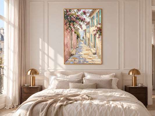 Mediterranean Street Painting Print, Pink Bougainvillea Alley with Sea View, Coastal Village Wall Art, Printable Digital Download