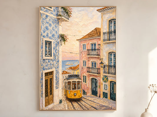 Lisbon tram wall art printable featuring pastel Portuguese buildings, blue azulejo tiles, terracotta rooftops, and the iconic yellow tram in a warm neutral interior.