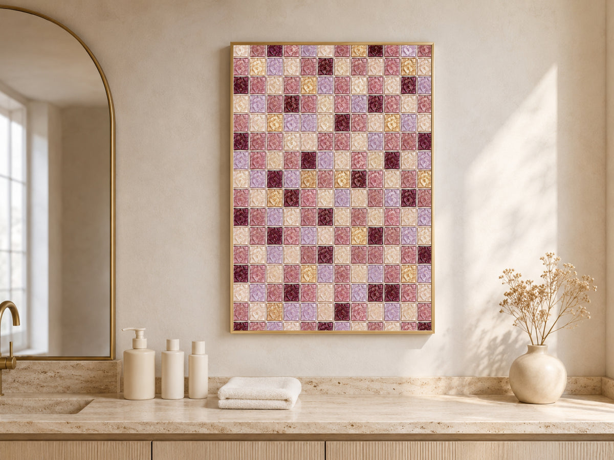 Rose lavender mosaic wall art framed above a bathroom counter with candles and neutral decor