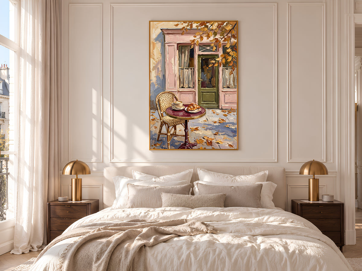 Parisian Cafe Painting Print, Autumn French Bistro Wall Art with Coffee and Croissant, Pink Storefront, Printable Digital Download