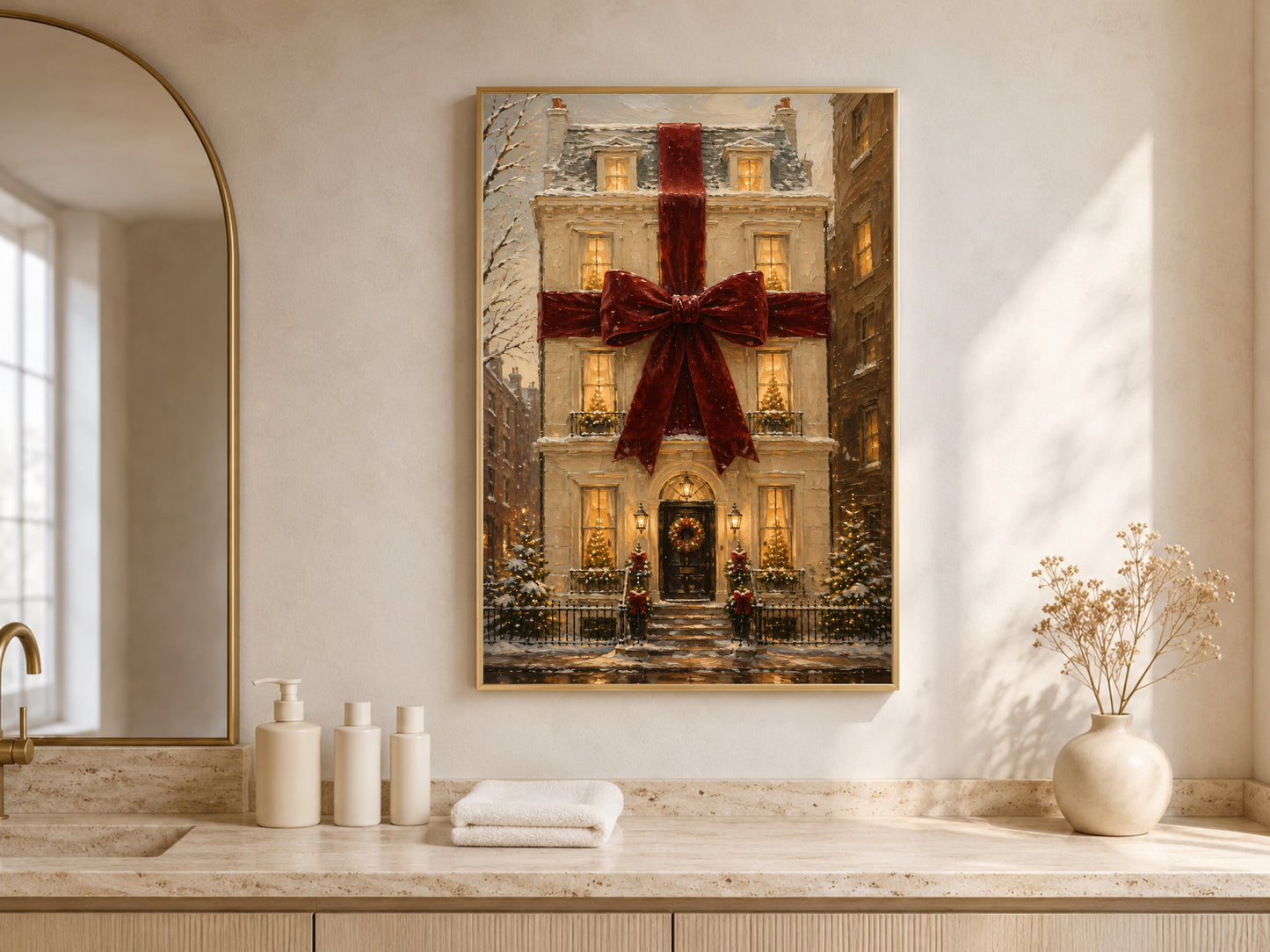 Bathroom with the Christmas house print above a stone vanity, styled with towels and a small vase