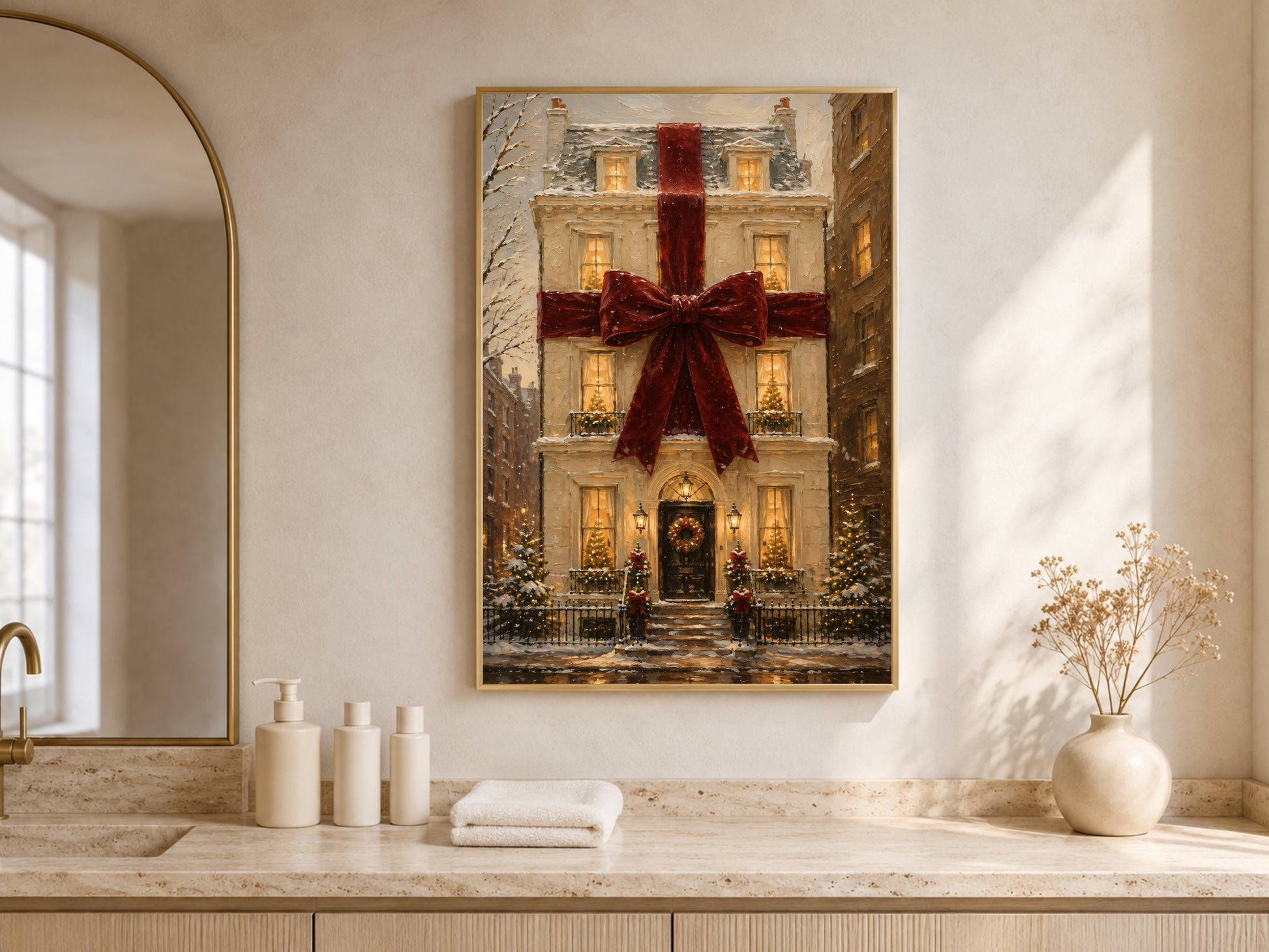 Bathroom with the Christmas house print above a stone vanity, styled with towels and a small vase