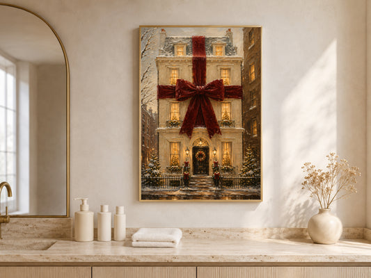 Bathroom with the Christmas house print above a stone vanity, styled with towels and a small vase