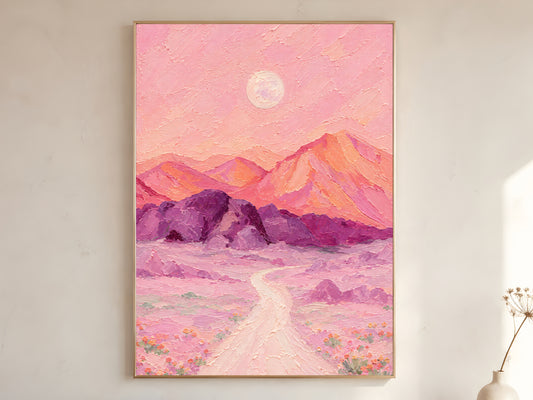 Surreal desert moon print framed above a bed in a warm neutral bedroom.