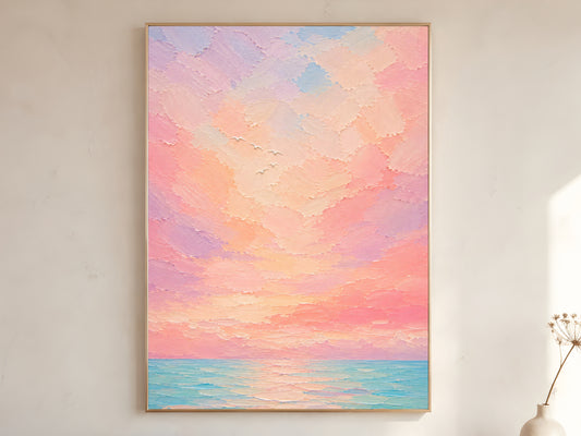Pastel sunset ocean wall art print in wooden frame on a cream wall, lavender, pink, and peach sky over a seafoam sea, with a stoneware vase and dried branches.
