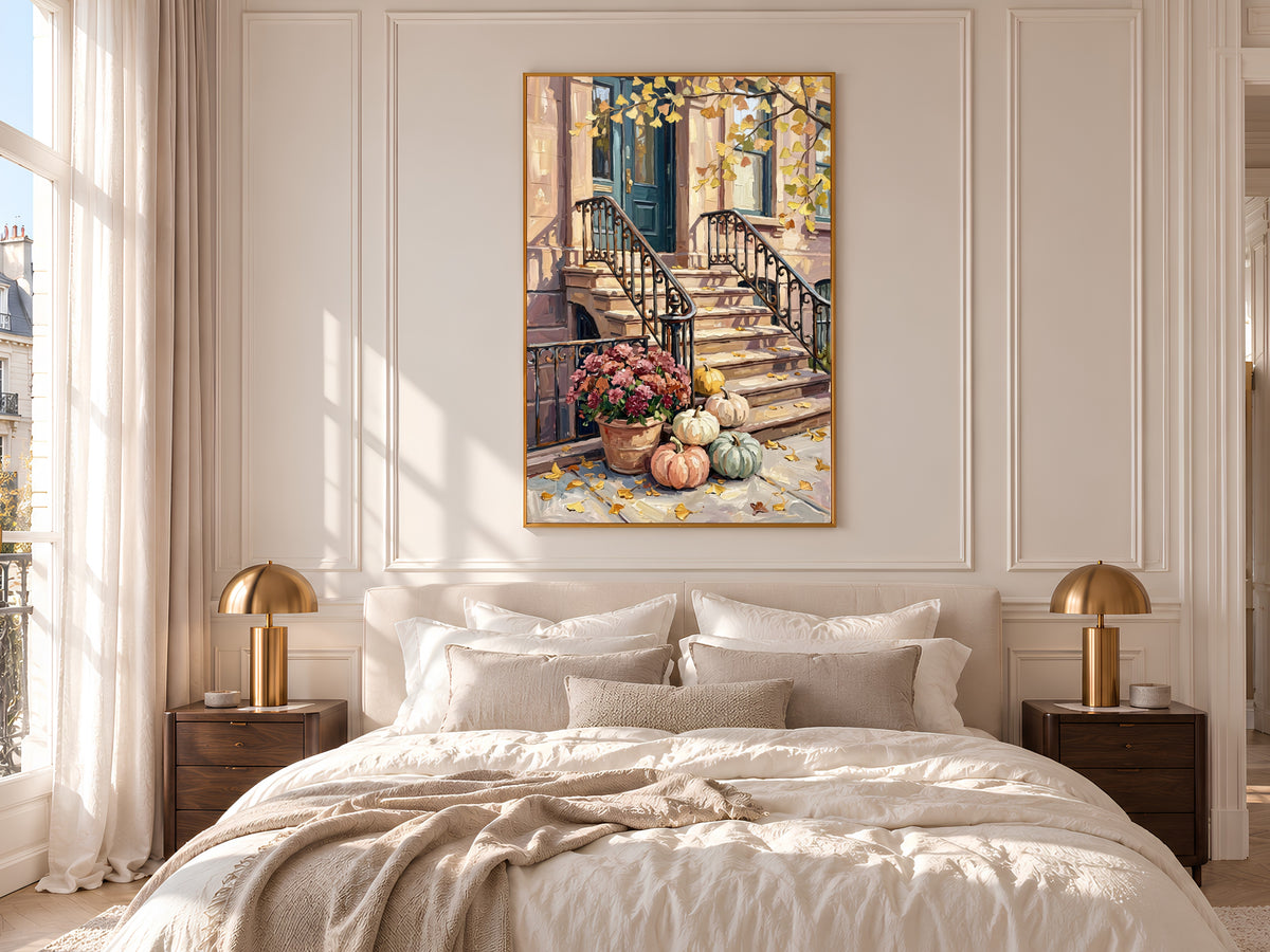 Fall Brownstone Stoop Painting Print, Autumn Pumpkins City Art, Pastel Fall Wall Decor, Printable Digital Download