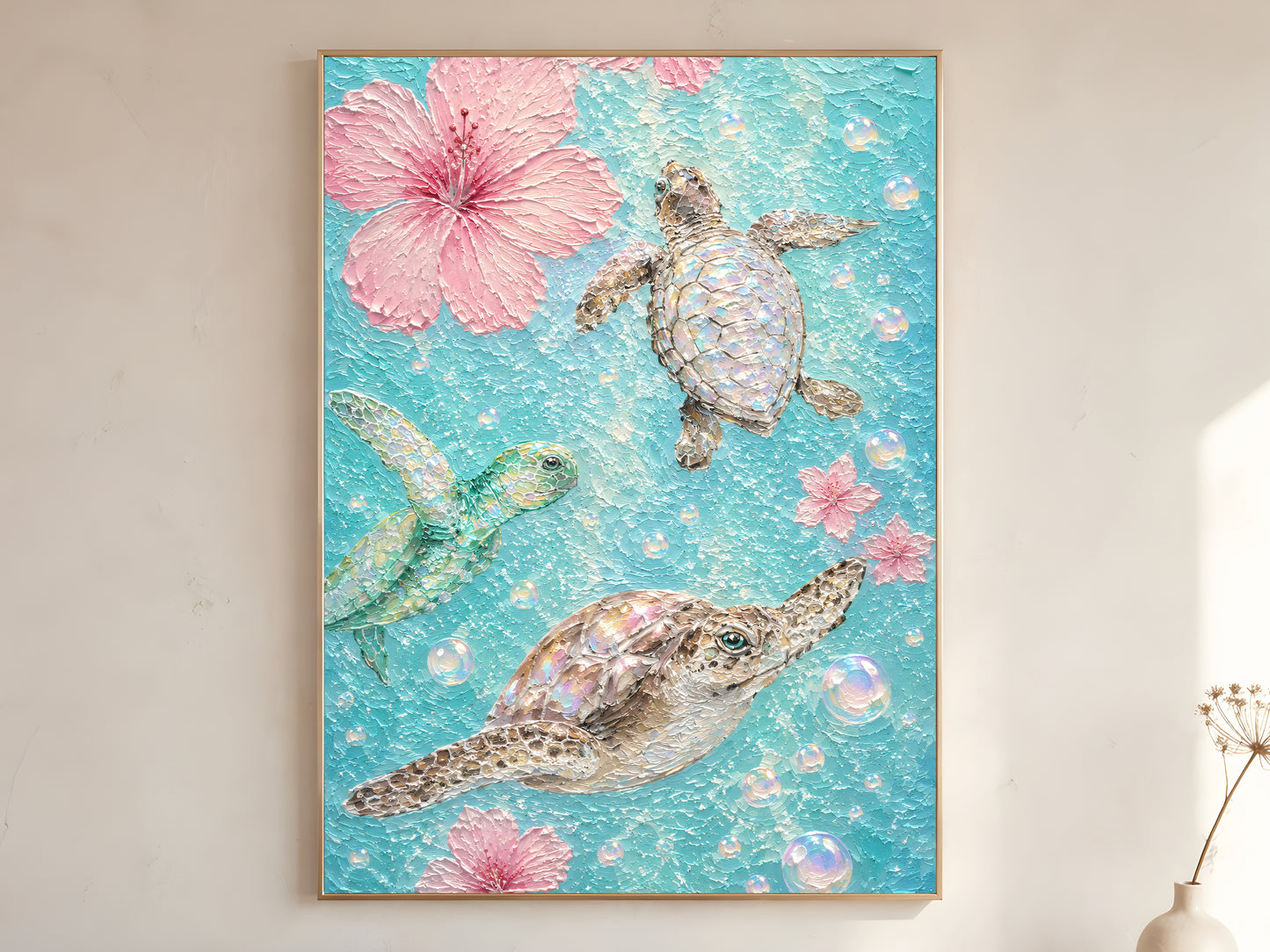 Sea turtle and pink hibiscus impasto oil painting print in a thin natural wood frame, leaning against a warm white wall with a dried wildflower stem
