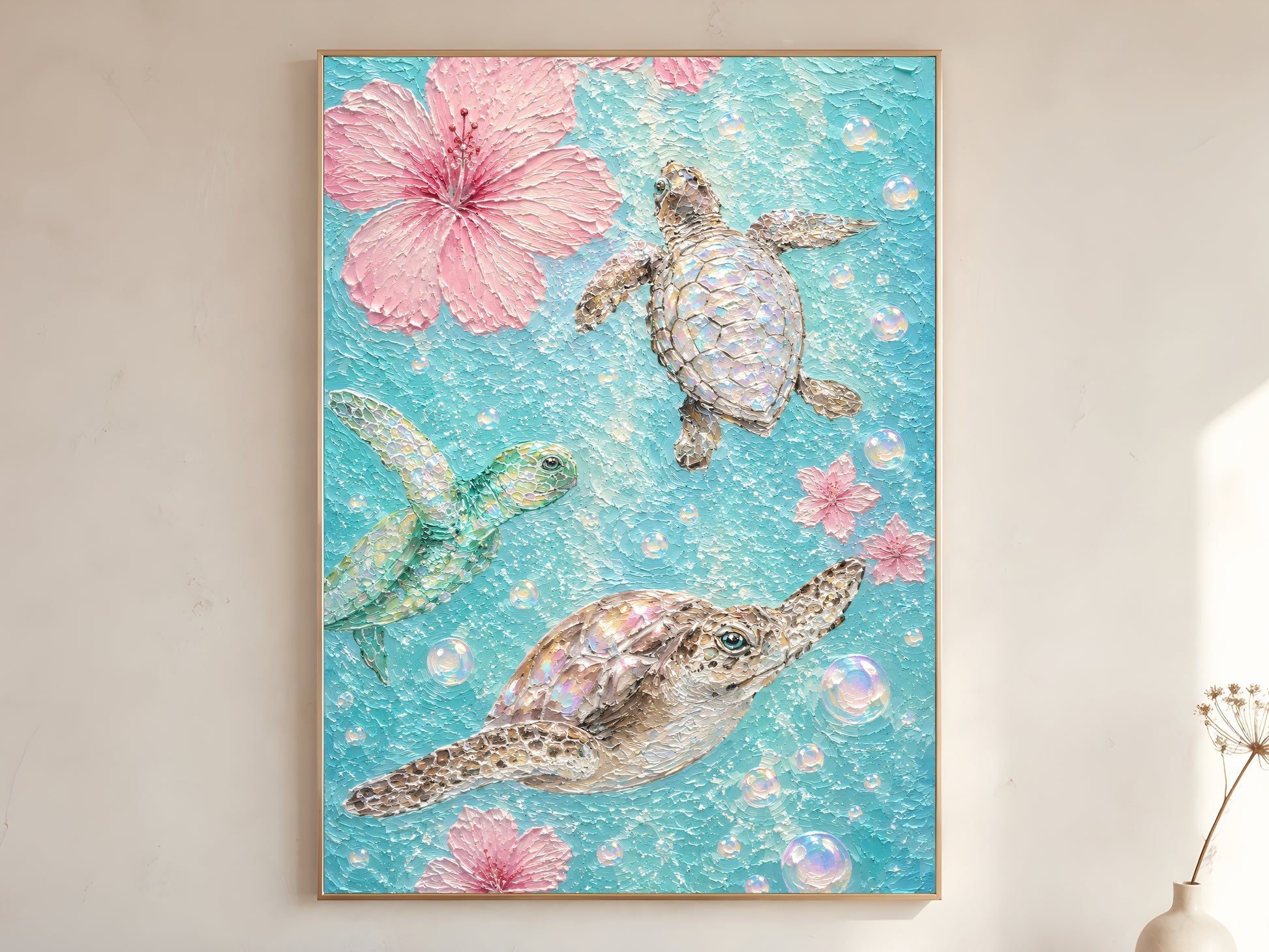 Sea turtle and pink hibiscus impasto oil painting print in a thin natural wood frame, leaning against a warm white wall with a dried wildflower stem
