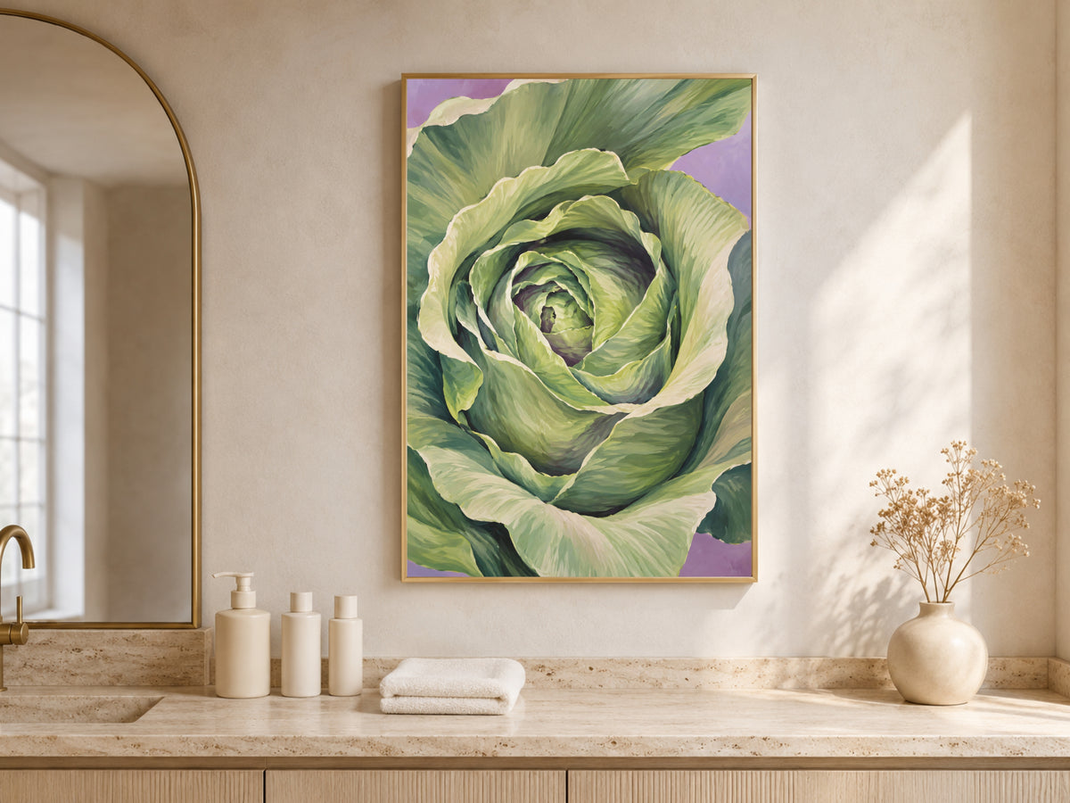 Cabbage wall art framed print above bathroom vanity counter
